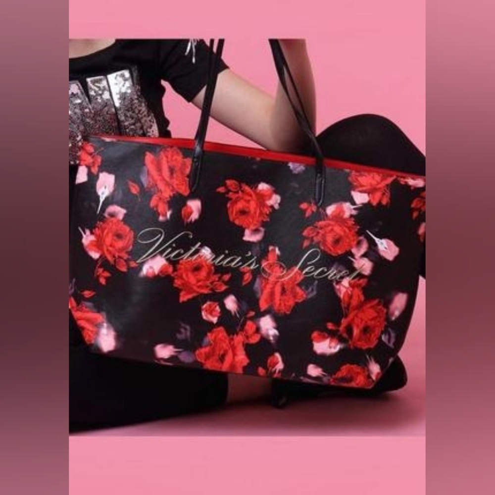 Victoria's Secret Black and Red Floral Tote